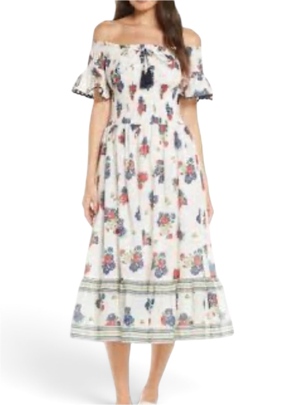 Tory Burch White Midi Dress with Red & Blue Floral Print